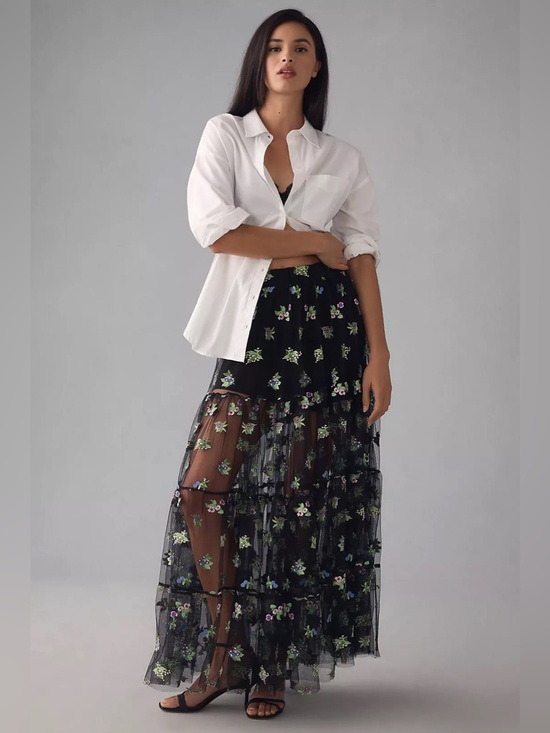 Maeve Dresses & Skirts - Maeve Anthropologie Sheer Embroidered Maxi Skirt Black Floral Tulle Size M